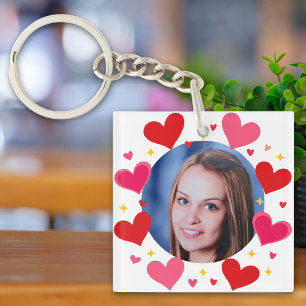Red Pink Love Hearts Custom Photo Personalised Key Ring