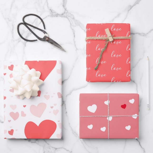Red, Pink, Love, Hearts Valentines Wrapping Pape Wrapping Paper Sheet (Front)