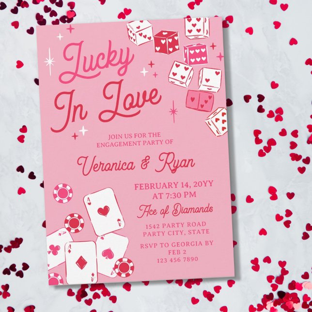 Red Pink Lucky In Love Dice Cards Engagement Party (Creator Uploaded)