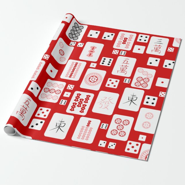 red pink mahjong chinese tiles game asian wrapping paper (Unrolled)