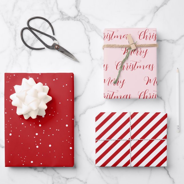 Red  & Pink Merry Christmas Mix Wrapping Paper Sheet (Front)