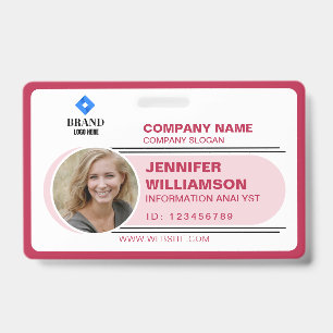 Red Pink Minimalist Business QR Employee Photo ID Badge