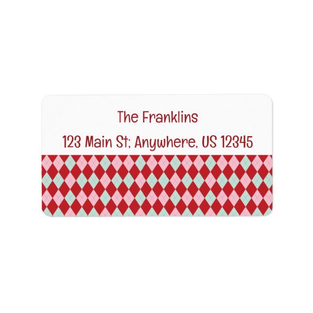 Red Pink & Mint Christmas Argyle Address Label (Front)
