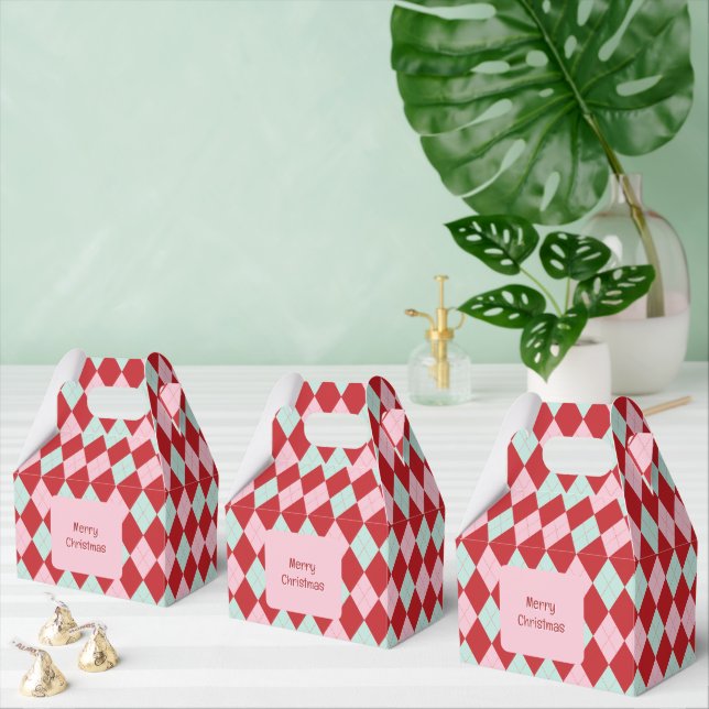 Red Pink & Mint Christmas Argyle Favour Box (Multiple)