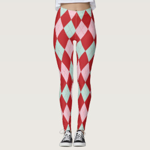 Red Pink & Mint Christmas Argyle Leggings
