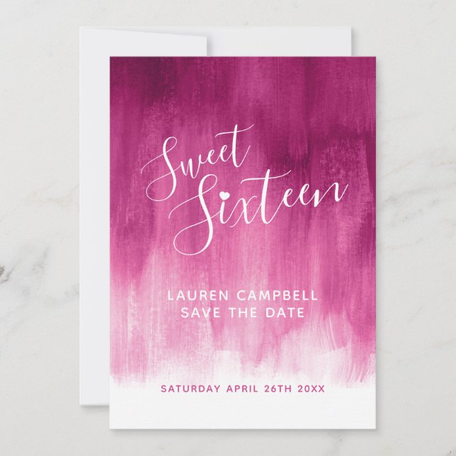 Red pink modern art sweet sixteen birthday save the date (Front)