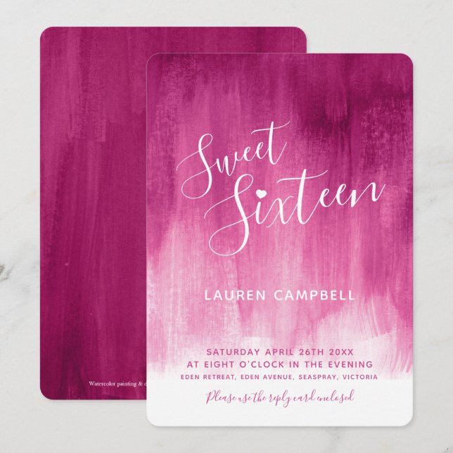 Red pink modern art sweet sixteen invitations (Front/Back)