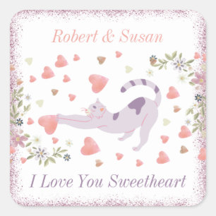Red Pink Modern Cute Cat Hearts Valentines Day  Square Sticker