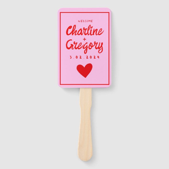 Red Pink Modern Handwritting Wedding Program Hand Fan (Front)