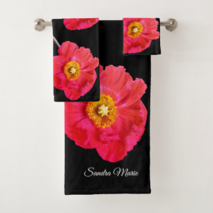 Red Pink Modern Poppies Poppy Flower Black Bath To Towel Set
