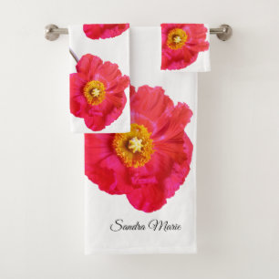 Red Pink Modern Poppies Poppy Flower White Bath Towel Set