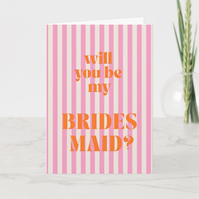 Red + Pink Modern Stripe Bridesmaid Proposal Card (Front)