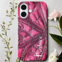 Red pink monogram floral abstract textile art