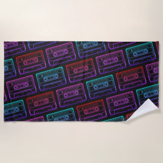 Red Pink Neon Retro Cassette Tape Pattern Beach Towel