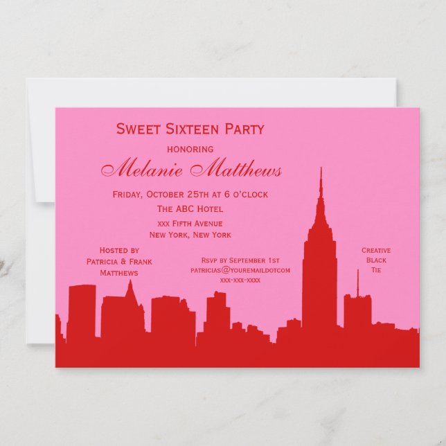 Red Pink NYC Skyline Silhouette Sweet Sixteen Invitation (Front)