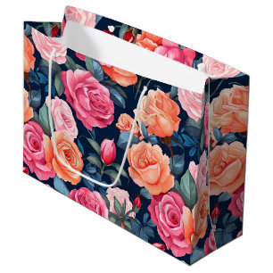 Red Pink Orange Roses Pattern Chiffon Large Gift Bag