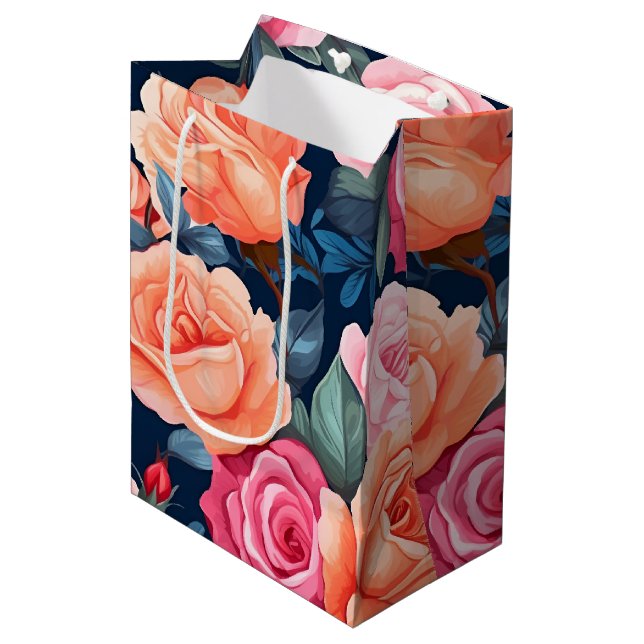 Red Pink Orange Roses Pattern Chiffon Medium Gift Bag (Front Angled)