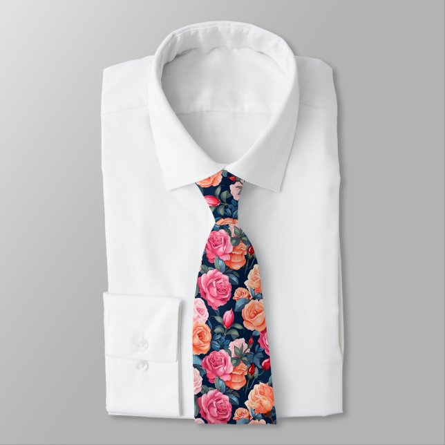 Red Pink Orange Roses Pattern Chiffon Tie (Tied)