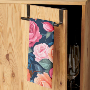 Red Pink Orange Roses Pattern Design Tea Towel