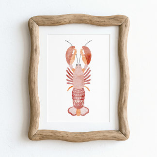 Red Pink Orange Watercolor Lobster Coastal Art Poster