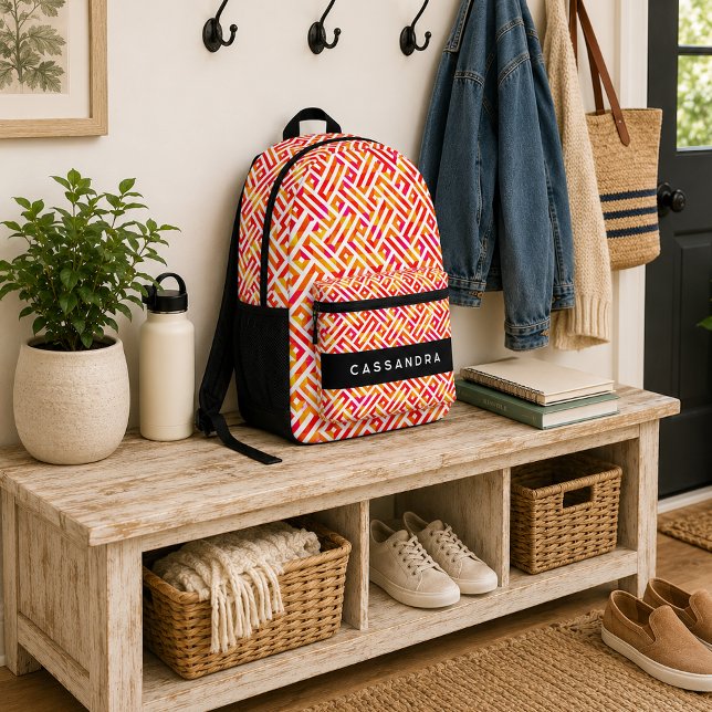 Red Pink Orange Yellow Midcentury Art Pattern Printed Backpack (Creator Uploaded)