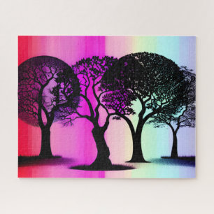 Red Pink Pastels Behind Black Silhouette Trees Jigsaw Puzzle