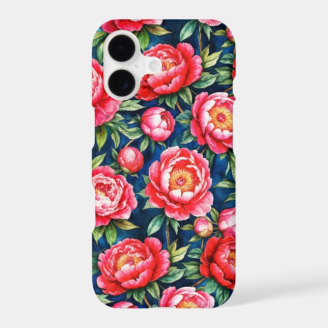 Red Pink Peonies & Green Leaves Blue Pattern (Back)