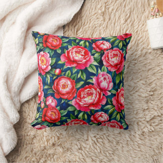 Red Pink Peonies & Green Leaves Blue Pattern Cushion
