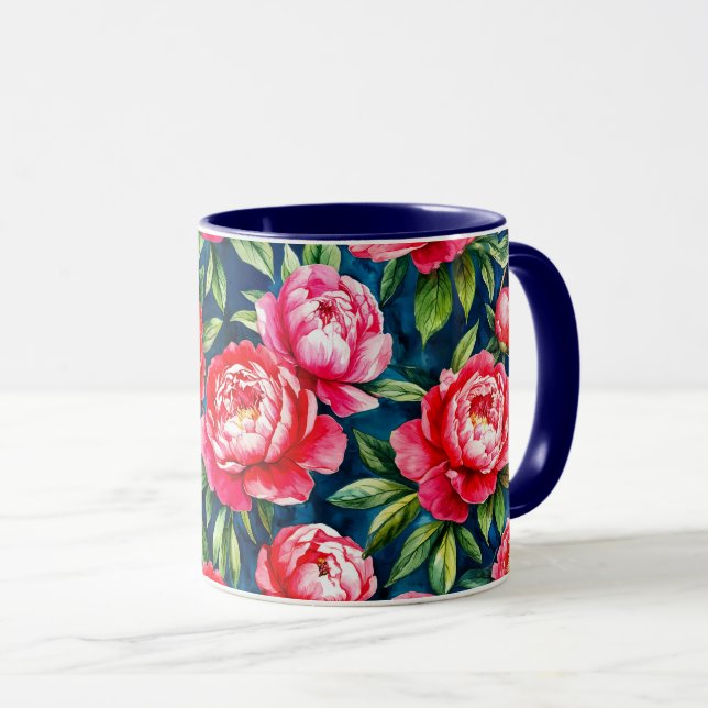 Red Pink Peonies & Green Leaves Blue Pattern Mug (Front Right)