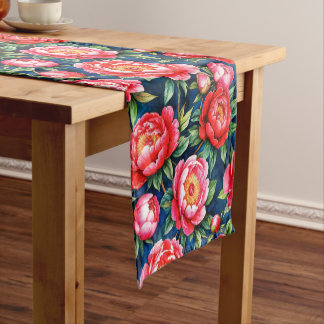 Red Pink Peonies & Green Leaves Blue Pattern Short Table Runner