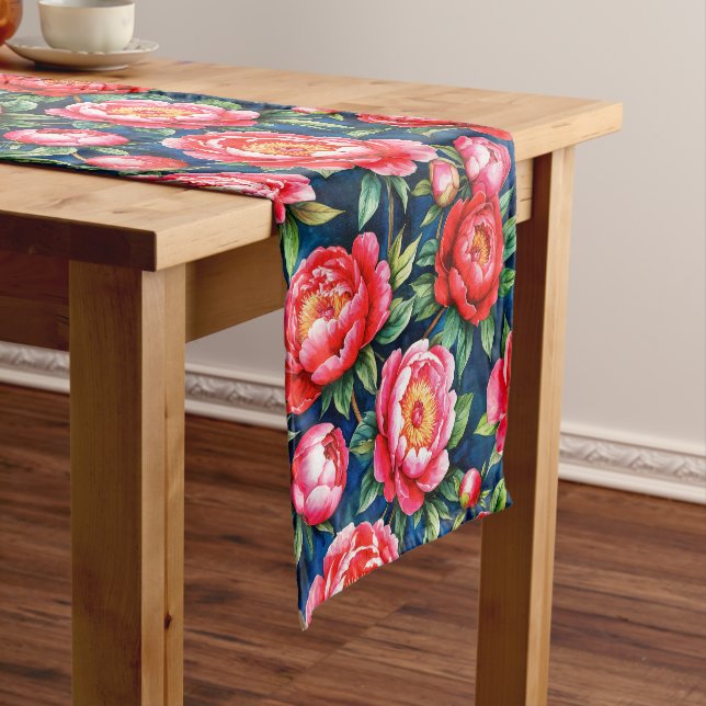 Red Pink Peonies & Green Leaves Blue Pattern Short Table Runner (In Situ)