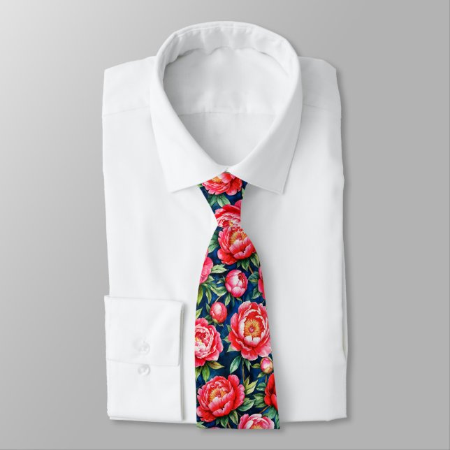 Red Pink Peonies & Green Leaves Blue Pattern Tie (Tied)
