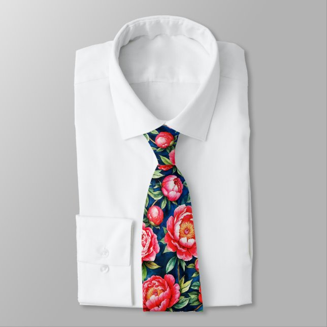 Red Pink Peonies & Green Leaves Blue Pattern Tie (Tied)