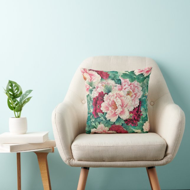 Red Pink Peonies & Green Leaves Pattern Cushion (Chair)