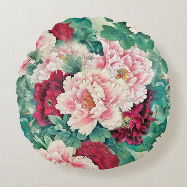 Red Pink Peonies & Green Leaves Pattern Round Cushion (Front)