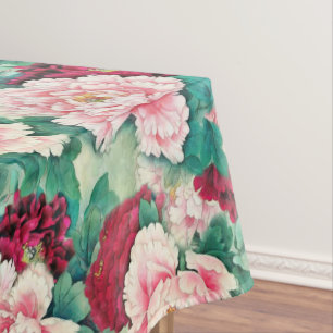 Red Pink Peonies & Green Leaves Pattern Tablecloth
