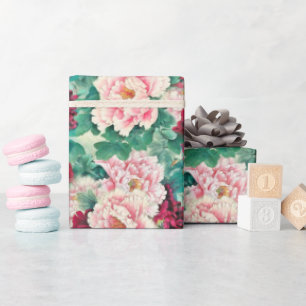 Red Pink Peonies & Green Leaves Pattern Wrapping Paper