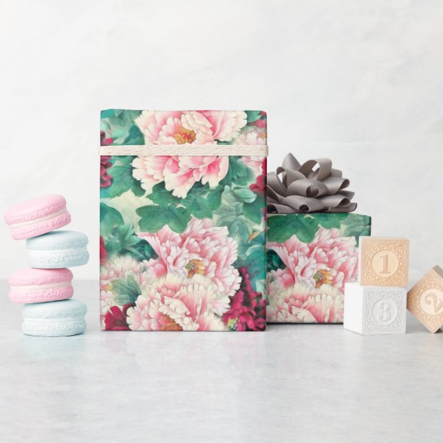 Red Pink Peonies & Green Leaves Pattern Wrapping Paper (Baby Shower)