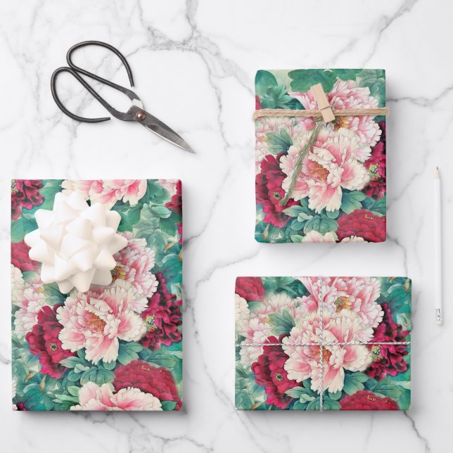 Red Pink Peonies & Green Leaves Pattern Wrapping Paper Sheet (Front)