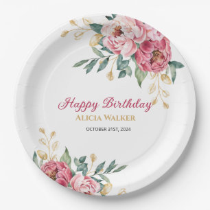 Red Pink Peony Gold Leaf Greenery Birthday Brunch Paper Plate