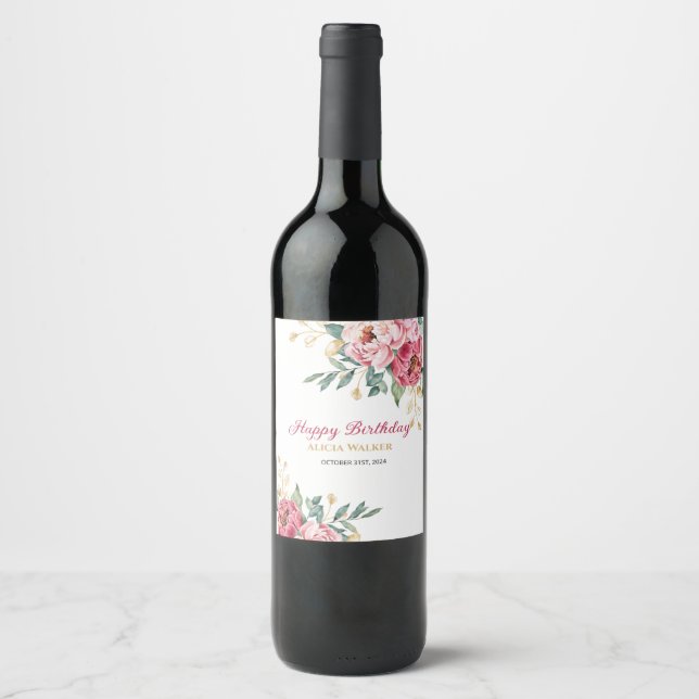 Red Pink Peony Gold Leaf Greenery Birthday Brunch Wine Label (Front)
