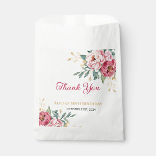 Red Pink Peony Gold Leaf Greenery Birthday Favour Bag