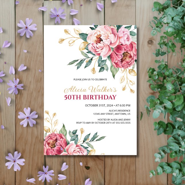 Red Pink Peony Gold Leaf Greenery Birthday  Invitation (Creator Uploaded)