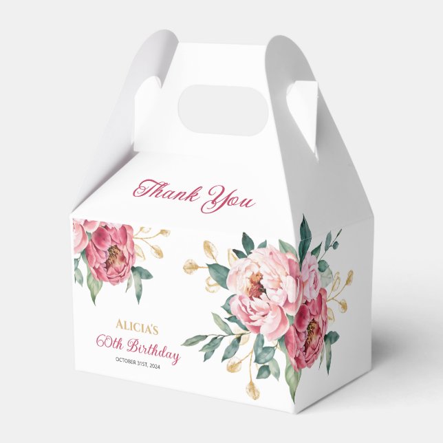 Red Pink Peony Gold Leaf Rustic Floral Birthday Favour Box (Front Side)