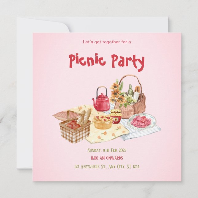 Red Pink Picnic Illustration Flat Card (Front)