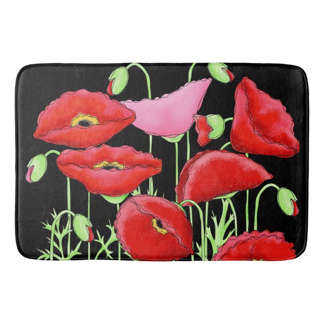 Red Pink Poppies Art Custom Decorative Black Bath Mat (Front)