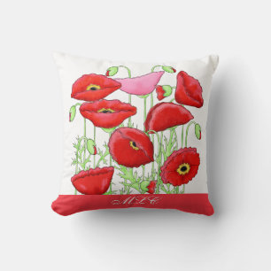 Red Pink Poppies Art Custom Monogram Personalised Cushion