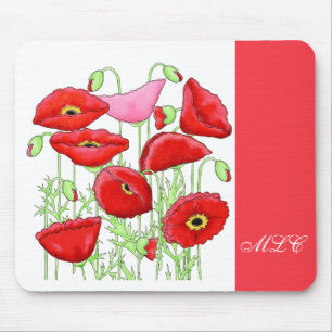 Red Pink Poppies Art Custom Monogram Personalised Mouse Pad