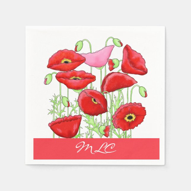 Red Pink Poppies Art Custom Monogram Personalised Napkin (Front)