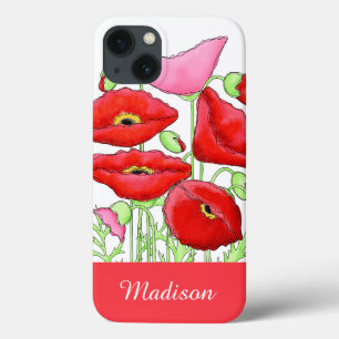 Red Pink Poppies Art Custom Name Personalised iPhone 13 Case